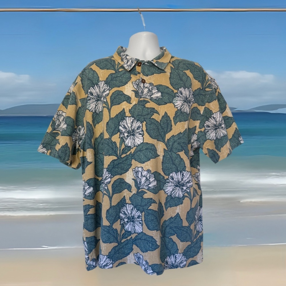 Crazy Shirts Hawaiian Polo Shirt XL Tan Green Floral Cotton Button Front